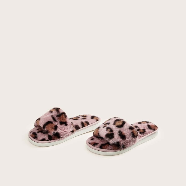 

Girls Faux Fur Leopard Slippers, Pink