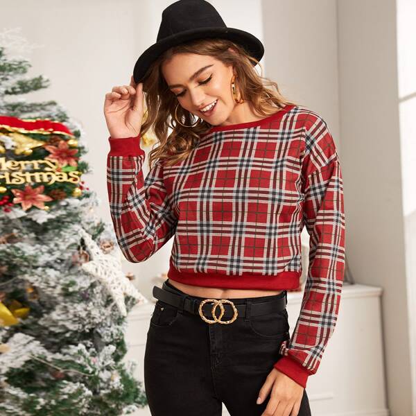 

Plaid Print Round Neck New Year Sweatshirt, Red