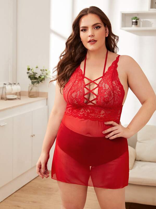 

Plus Contrast Lace Criss Cross Mesh Slips With Thong, Red, Ella