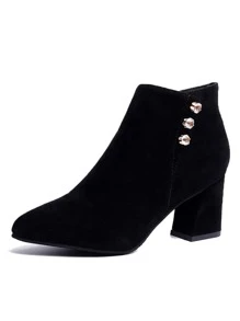 Đen Màu thuần Pointed Toe Dây kéo bên Giày cao gót Giày ống - màu đen - Xem 2