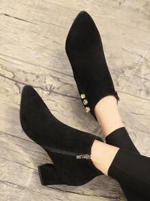 Đen Màu thuần Pointed Toe Dây kéo bên Giày cao gót Giày ống - màu đen - Xem 3