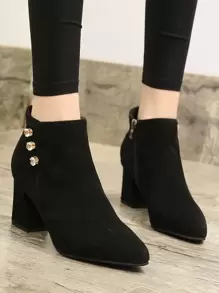 Đen Màu thuần Pointed Toe Dây kéo bên Giày cao gót Giày ống - màu đen - Xem 1