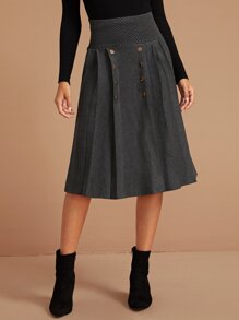 Double Breasted Elastic Waist Sweater Skirt