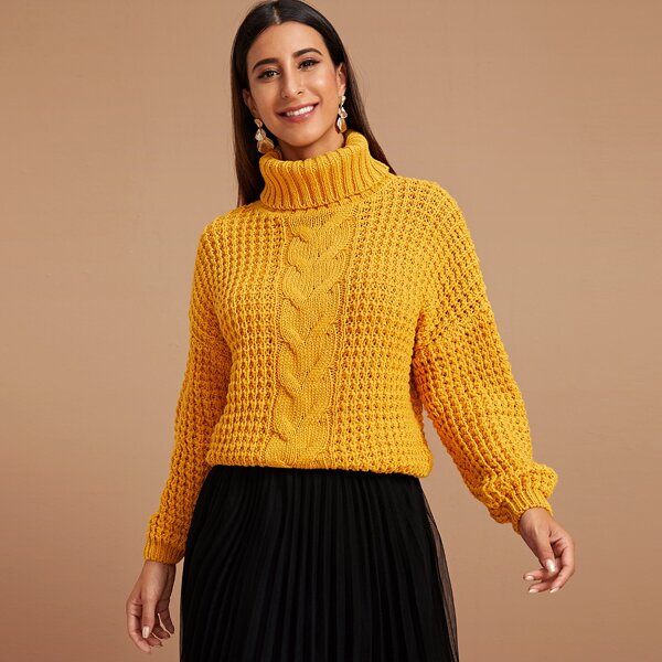 

Cable Knit High Neck Sweater, Yellow