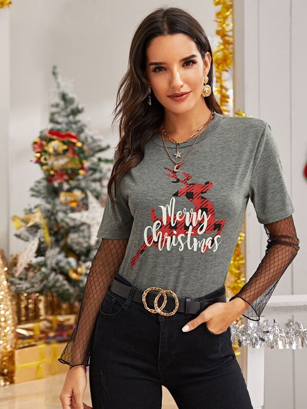 

Christmas Elk And Slogan Graphic Tee, Grey, Juliana