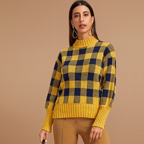 

Drop Shoulder Gingham Sweater, Yellow