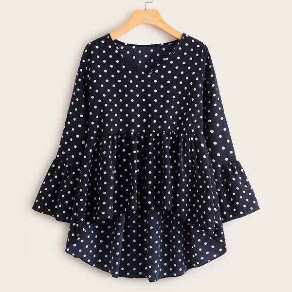 

Polka Dot Flounce Sleeve High Low Blouse, Navy