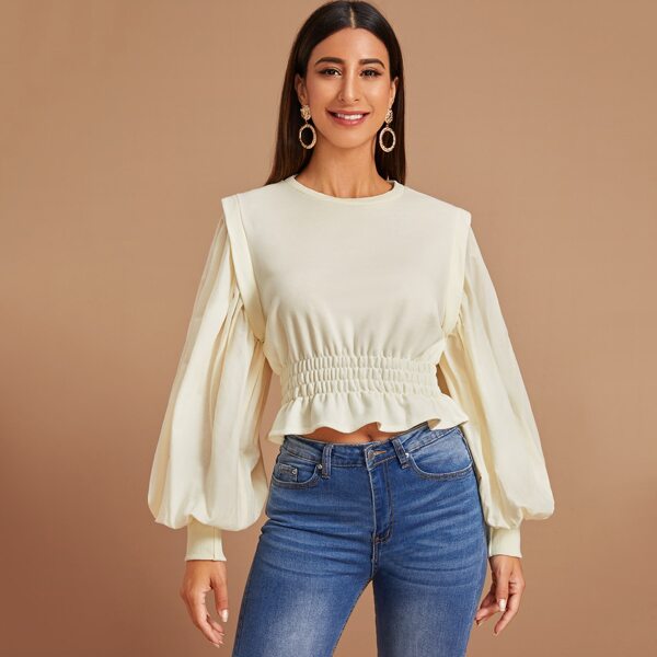 

Lantern Sleeve Ruffle Hem Sweatshirt, Beige