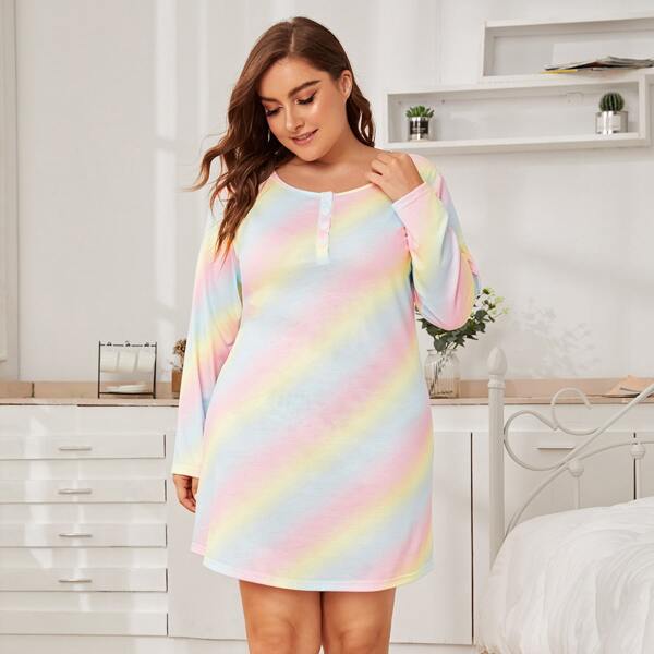 

Plus Tie Dye Long Sleeve Night Dress, Multicolor
