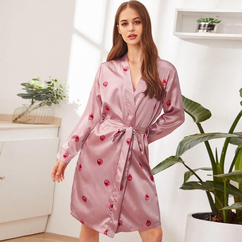 

Strawberry Print Belted Satin Robe, Pink