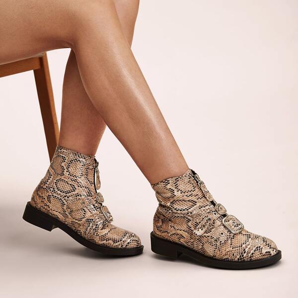 

Zip Front Buckle Decor Ankle Boots, Multicolor