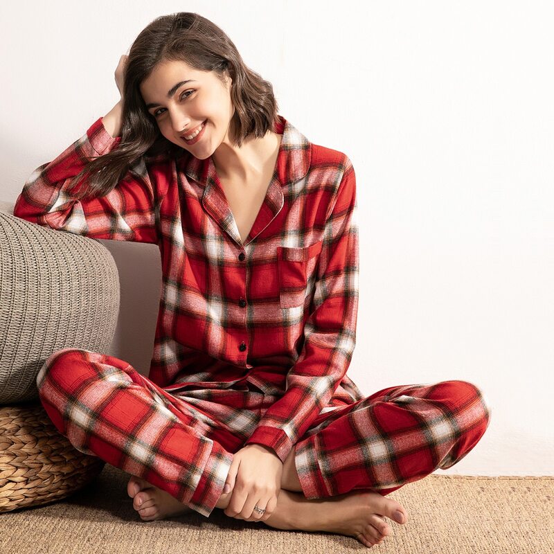 

Plaid Button-up Pajama Set, Red