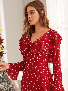 Polka Dot Ruffle Trim Flounce Sleeve Dress - Burgundy - View 5