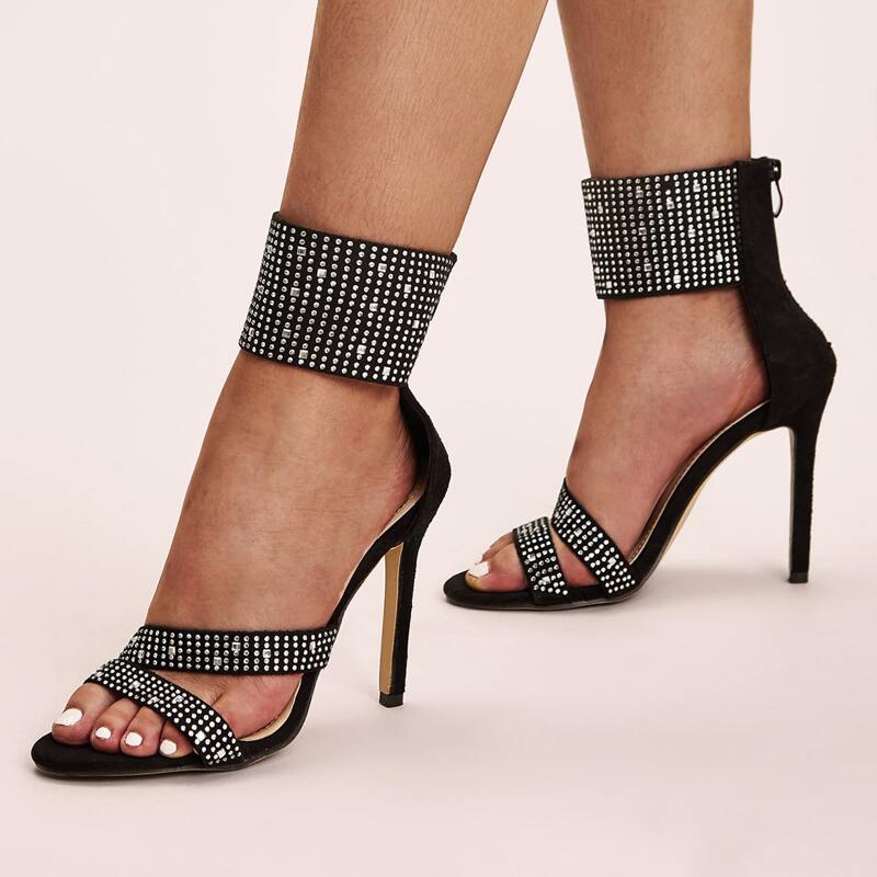 

Rhinestone Decor Ankle Cuff Stiletto Heels, Black