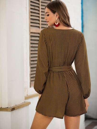 Combishort croisé à pieds-de-poule avec nœud