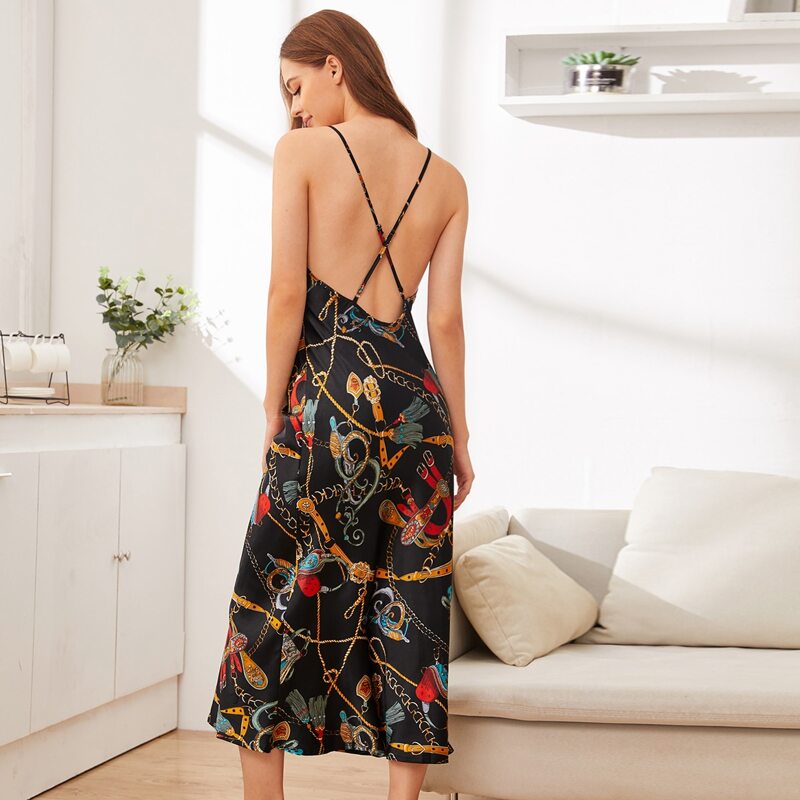 

Chain Print Satin Cami Night Dress, Black