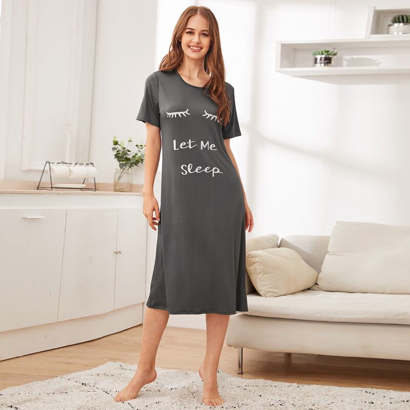 

Letter & Eyelash Print Night Dress, Grey