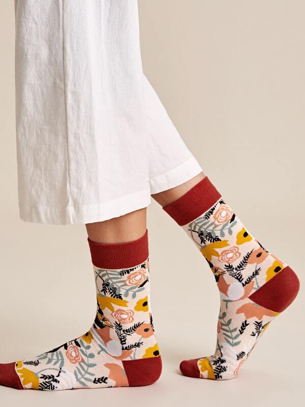 

1pair Flower Pattern Socks, Multicolor