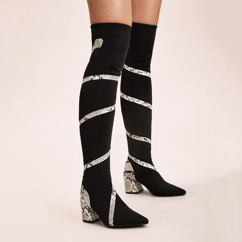 

Snakeskin Panel Over The Knee Block Boots, Black