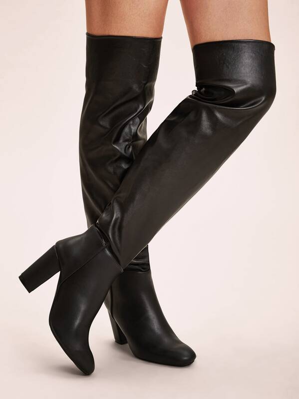 Over The Knee Faux Leather Chunky Boots, Black