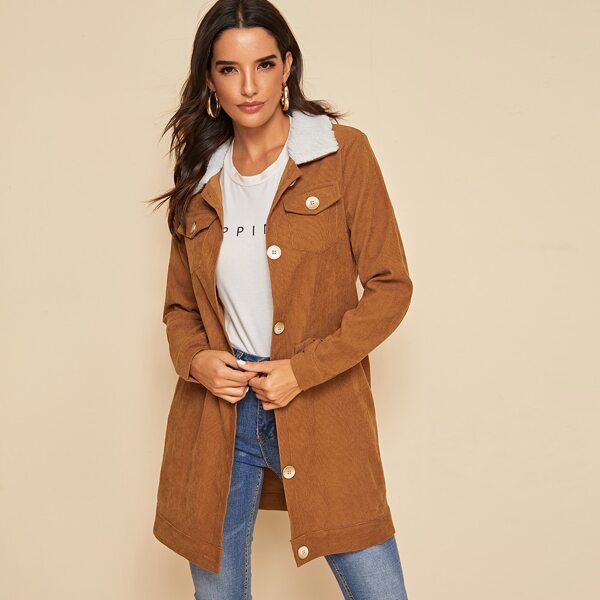 

Corduroy Contrast Collar Button Front Coat, Camel