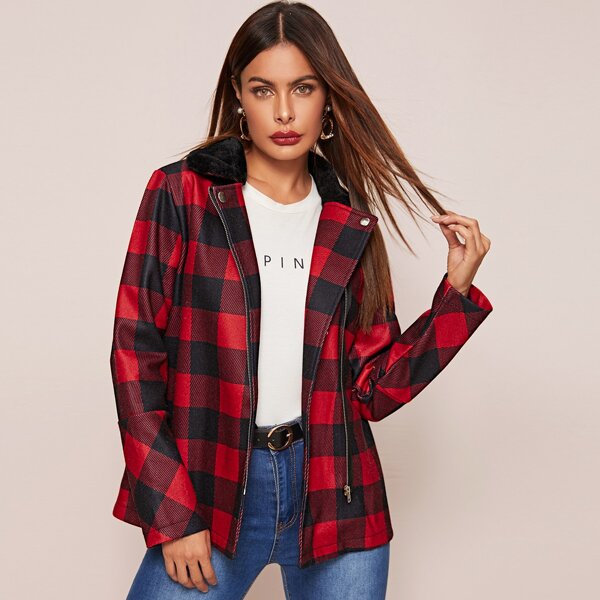 

Buffalo Plaid Contrast Collar Zipper Coat, Red