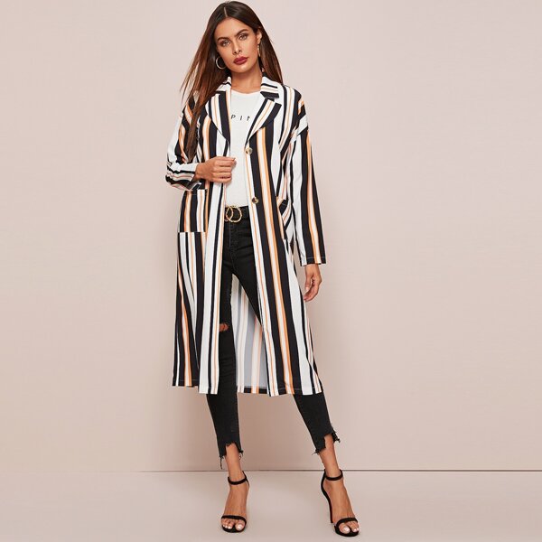 

Lapel Neck Striped Longline Coat, Multicolor