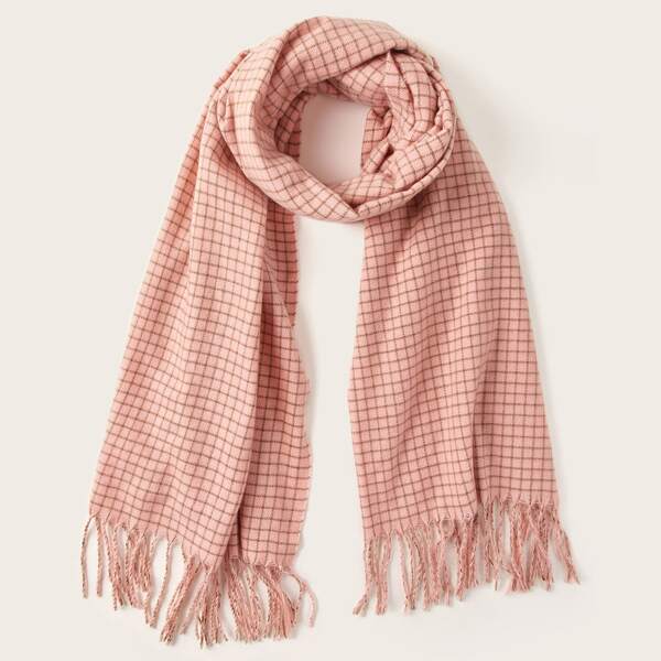 

Plaid Pattern Fringe Hem Scarf, Pink