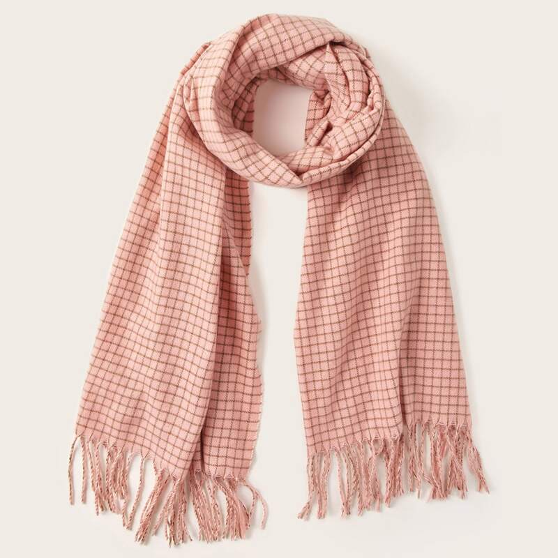 

Plaid Pattern Fringe Hem Scarf, Pink