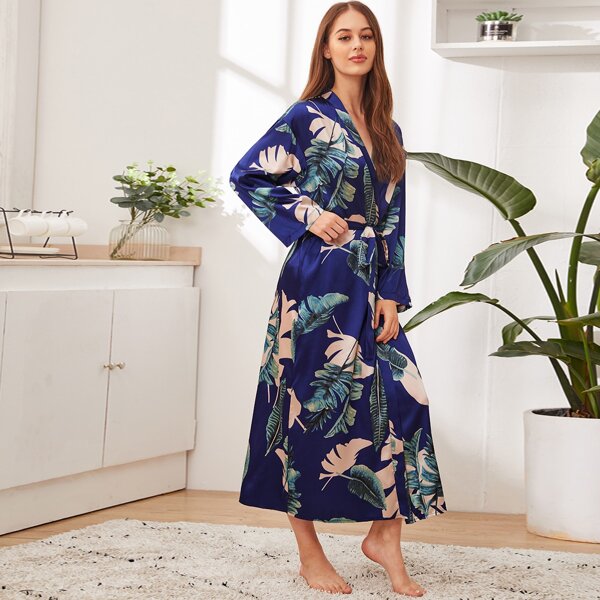 

Tropical Satin Robe With Belt, Navy