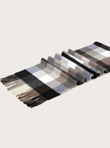 男款格紋紋路流蘇圍巾，休閒風格