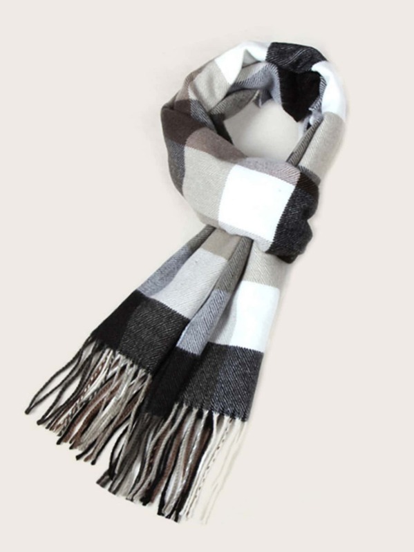 

Men Fringe Hem Plaid Scarf, Black and white