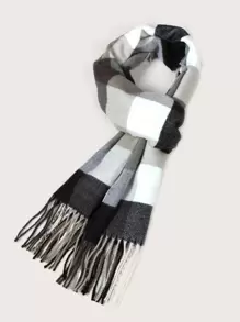 男款格紋紋路流蘇圍巾，休閒風格