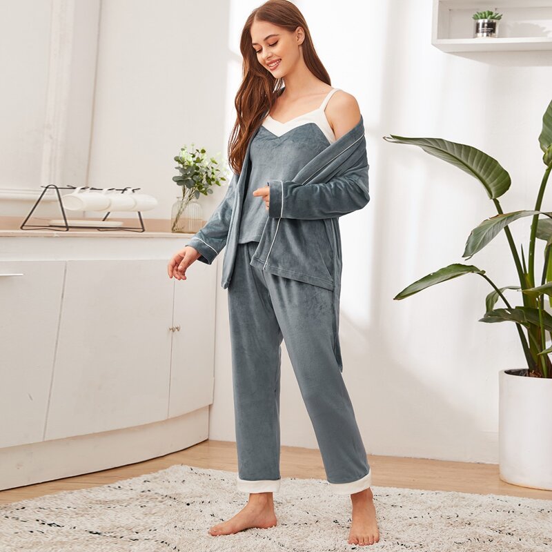 

3pcs Contrast Side Velvet PJ Set With Robe, Grey