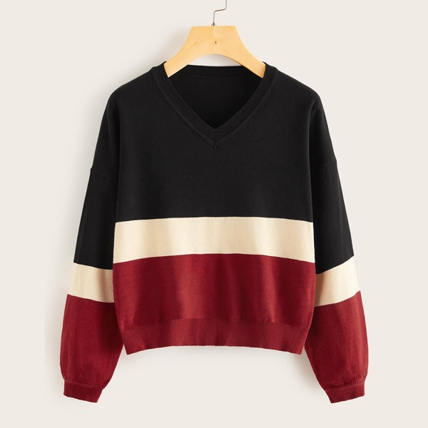 

V Neck Color-block Drop Shoulder Sweater, Multicolor