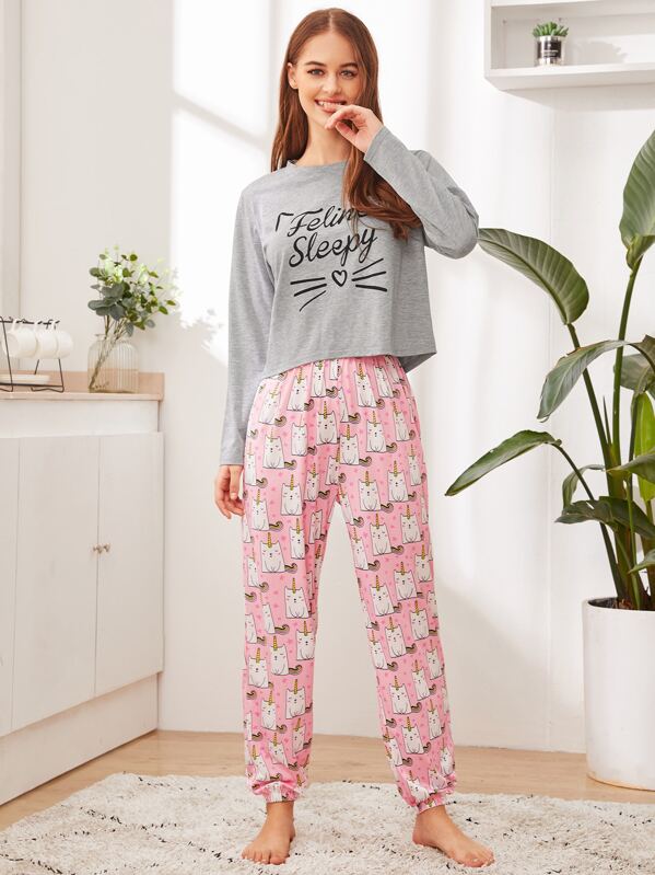 

Cartoon & Letter Graphic PJ Set, Multicolor, Zulcar