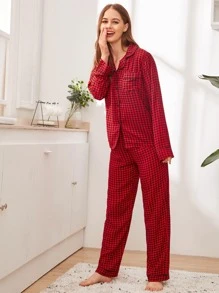 Gingham Button-Up PJ Set / Pajama Set, For Christmas - Burgundy - View 4
