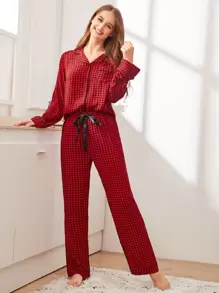 Gingham Button-Up PJ Set / Pajama Set, For Christmas - Burgundy - View 1