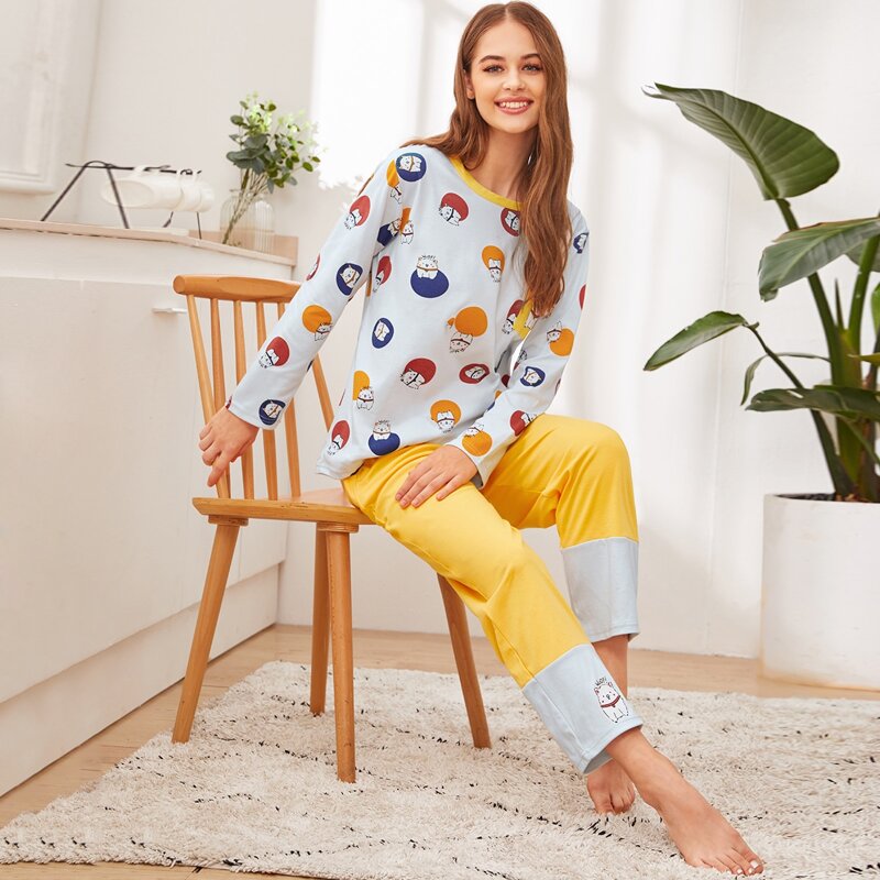 

Cartoon Cat Print PJ Set, Multicolor