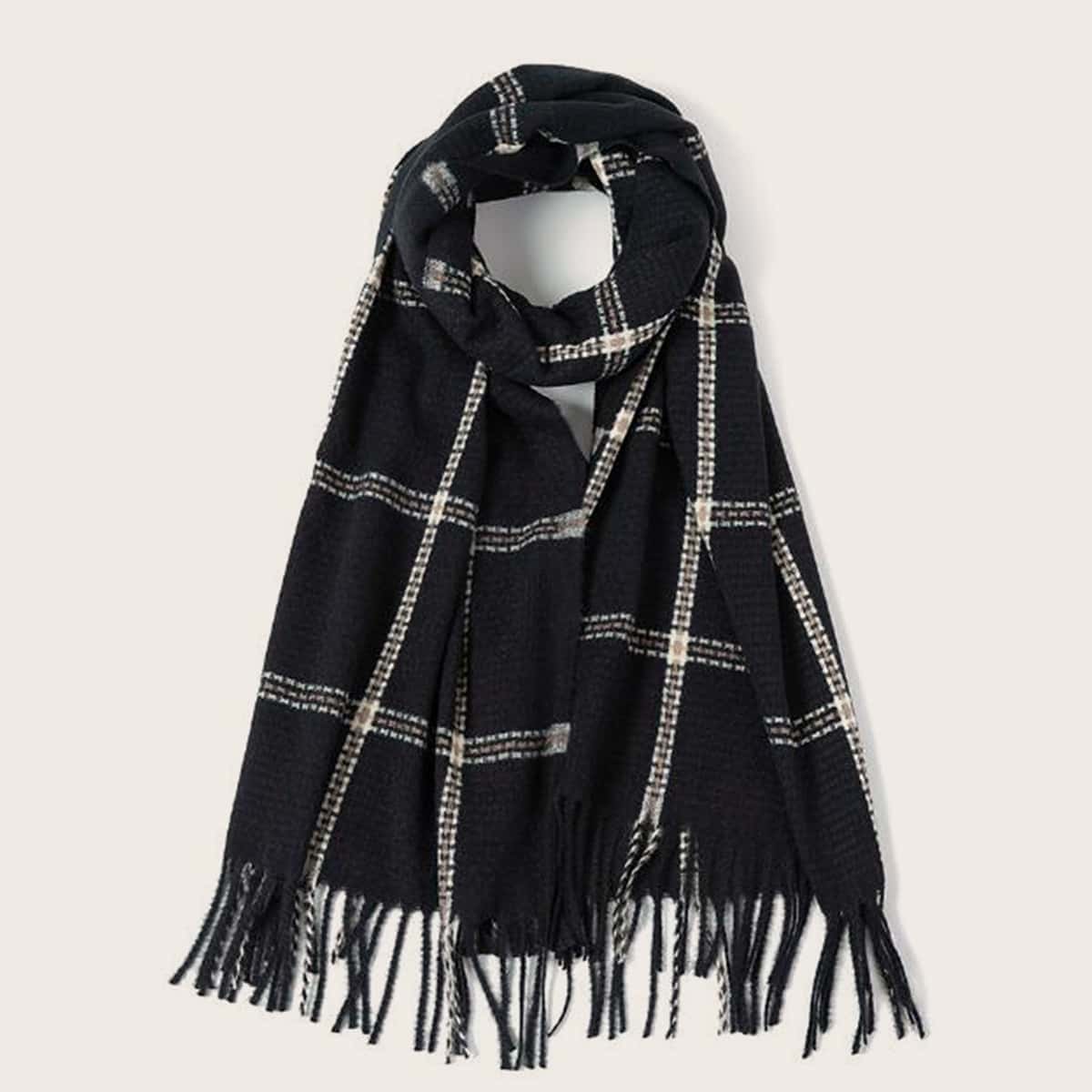 

Guys Fringe Trim Plaid Scarf, Black
