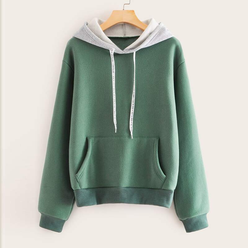 

Contrast Panel Letter Tape Hoodie, Green