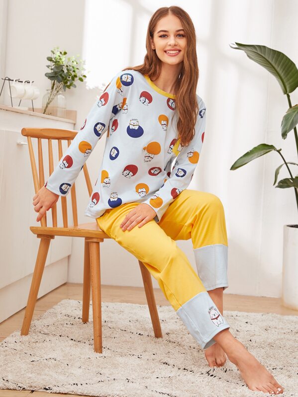 

Cartoon Cat Print PJ Set, Multicolor, Zulcar
