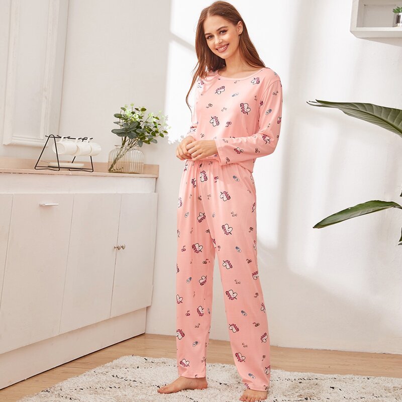 Unicorn & Cherry Print PJ Set, Pink