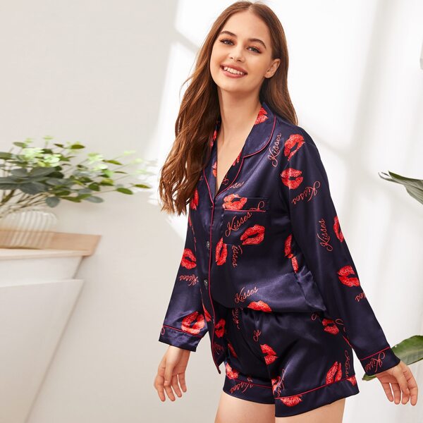 

Letter & Lip Print Satin PJ Set, Navy
