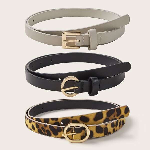 

3pcs Leopard Pattern Buckle Belt, Multicolor