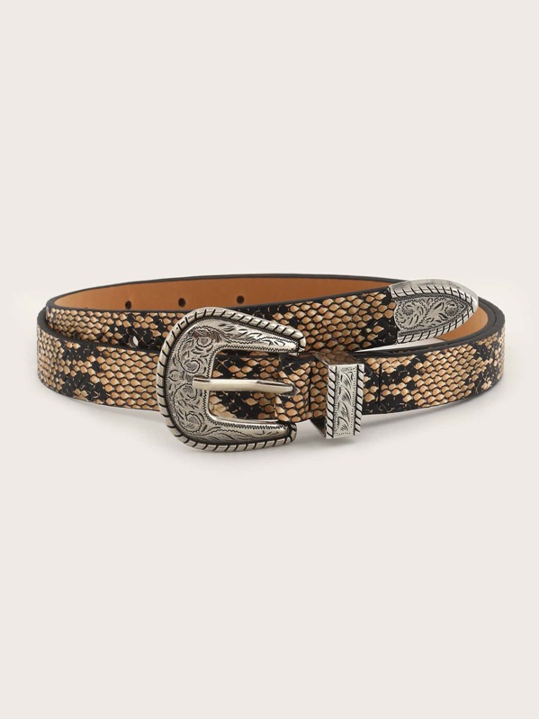 

Snakeskin Pattern Flower Engraved Buckle Belt, Multicolor