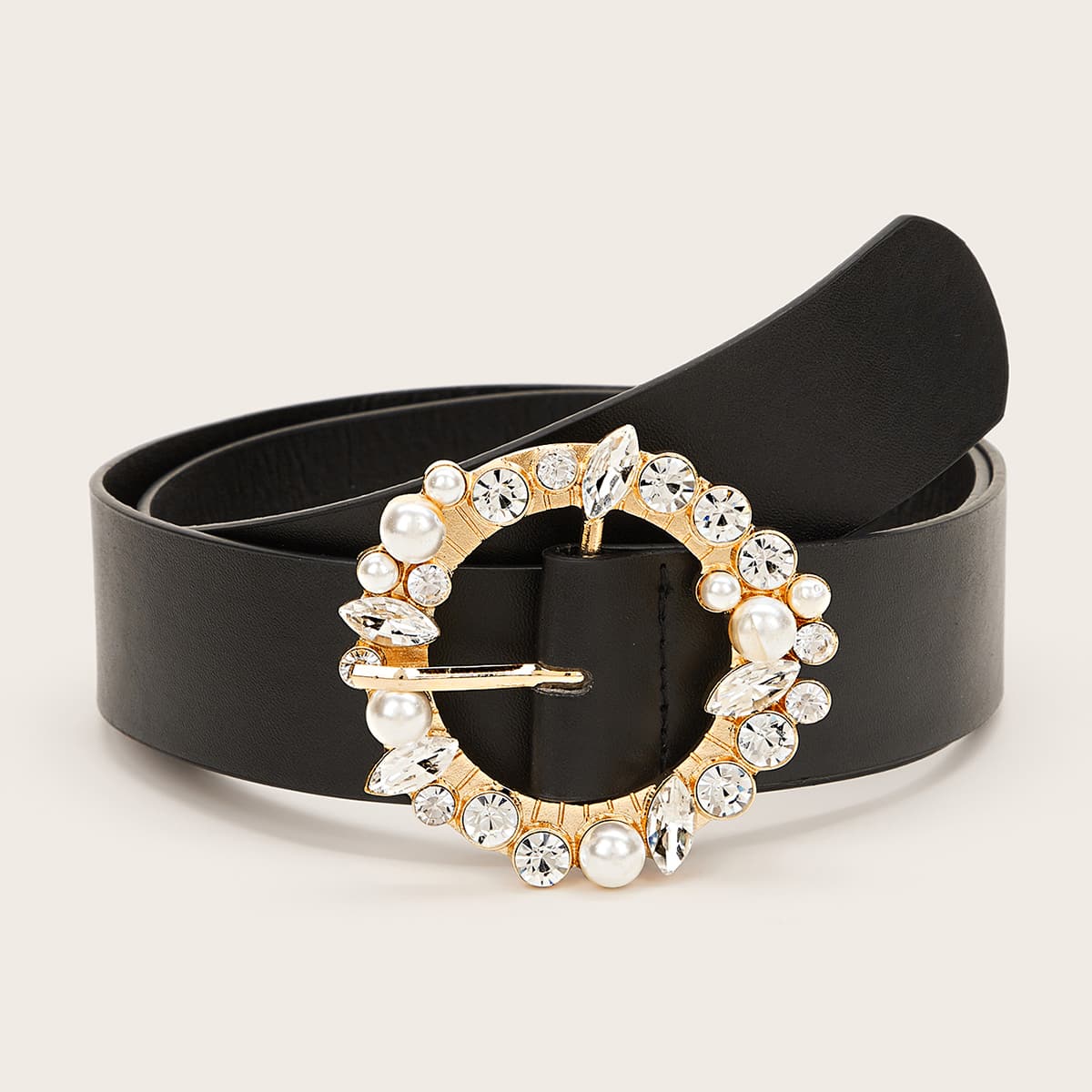 

Rhinestone Engraved Faux Pearl O-ring Buckle Belt, Black
