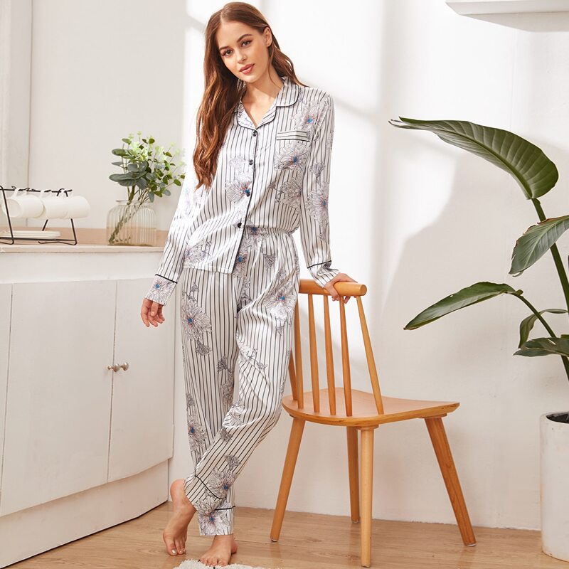 

Striped & Floral Print Satin PJ Set, Black and white
