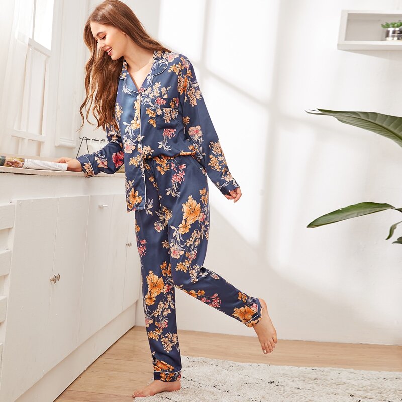 

Floral Print Satin PJ Set, Multicolor