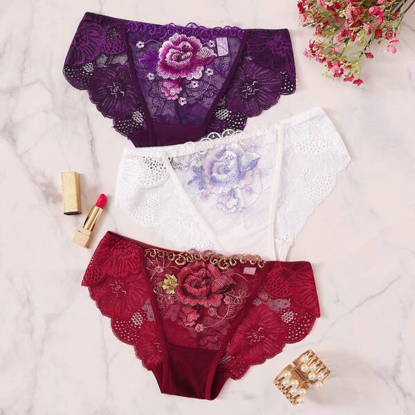 

3pack Floral Embroidery Lace Panty Set, Multicolor
